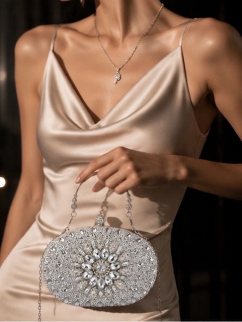 Luxe Silver Crystal Floral Oval Evening Clutch